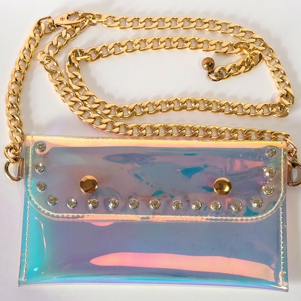 Studded Holographic Clear Gold Chain Belt Bag